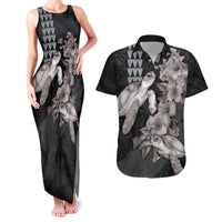 Hawaiian Turtle Love Couple Couples Matching Tank Maxi Dress and Hawaiian Shirt - Sweet Hibiscus and Kakau Pattern Grayscale Color LT03 Black - Polynesian Pride