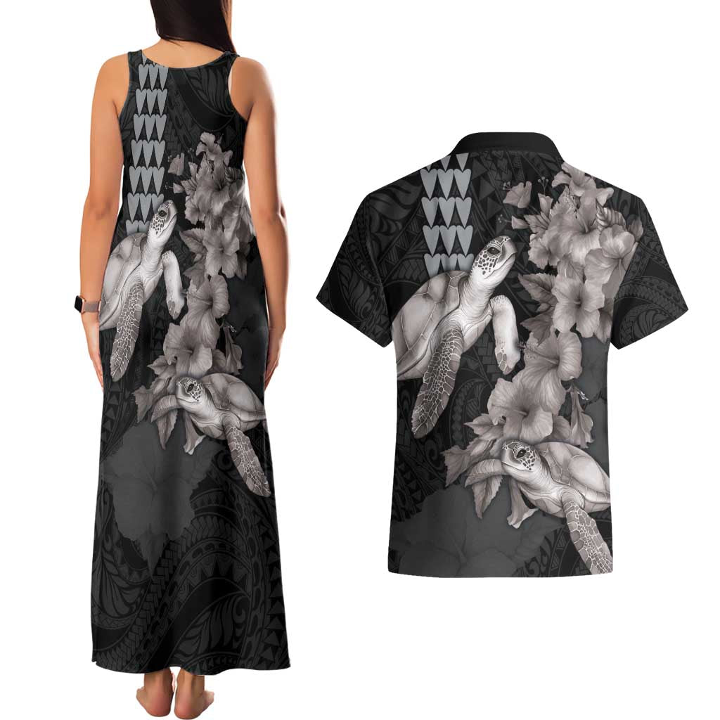 Hawaiian Turtle Love Couple Couples Matching Tank Maxi Dress and Hawaiian Shirt - Sweet Hibiscus and Kakau Pattern Grayscale Color LT03 - Polynesian Pride