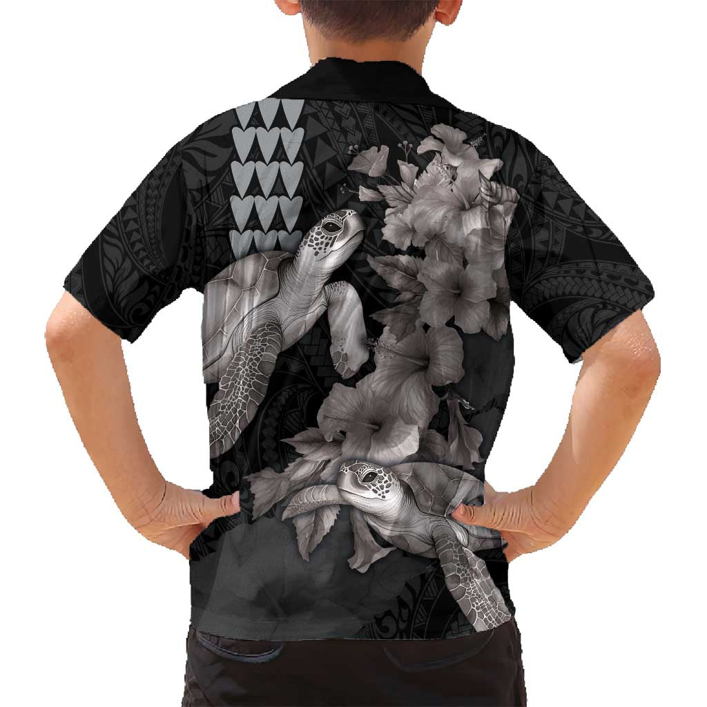 Hawaiian Turtle Love Couple Family Matching Long Sleeve Bodycon Dress and Hawaiian Shirt - Sweet Hibiscus and Kakau Pattern Grayscale Color LT03 - Polynesian Pride