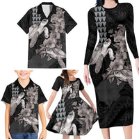 Hawaiian Turtle Love Couple Family Matching Long Sleeve Bodycon Dress and Hawaiian Shirt - Sweet Hibiscus and Kakau Pattern Grayscale Color LT03 - Polynesian Pride