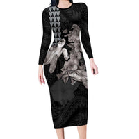 Hawaiian Turtle Love Couple Family Matching Long Sleeve Bodycon Dress and Hawaiian Shirt - Sweet Hibiscus and Kakau Pattern Grayscale Color LT03 Mom's Dress Black - Polynesian Pride