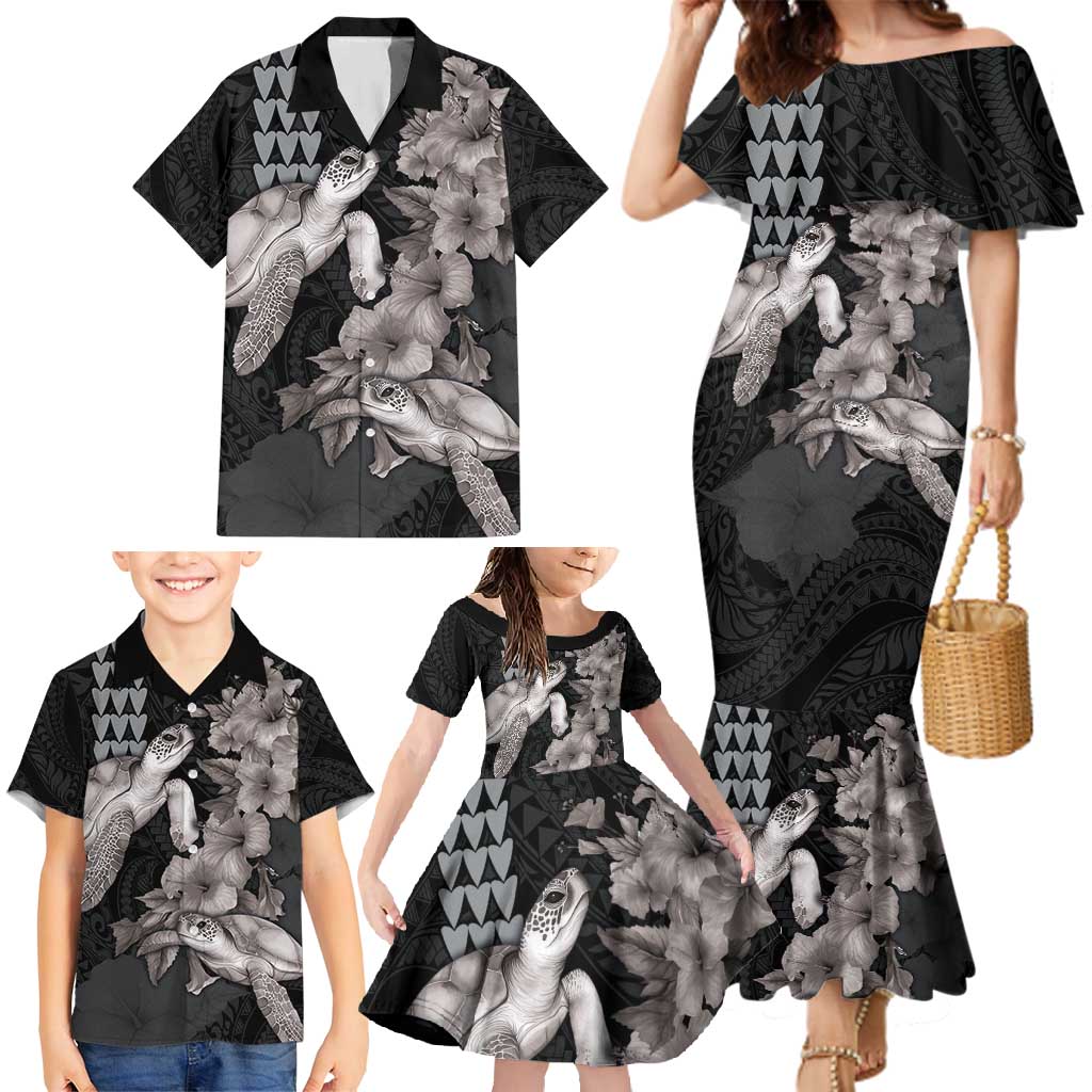 Hawaiian Turtle Love Couple Family Matching Mermaid Dress and Hawaiian Shirt - Sweet Hibiscus and Kakau Pattern Grayscale Color LT03 - Polynesian Pride