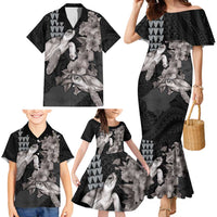 Hawaiian Turtle Love Couple Family Matching Mermaid Dress and Hawaiian Shirt - Sweet Hibiscus and Kakau Pattern Grayscale Color LT03 - Polynesian Pride