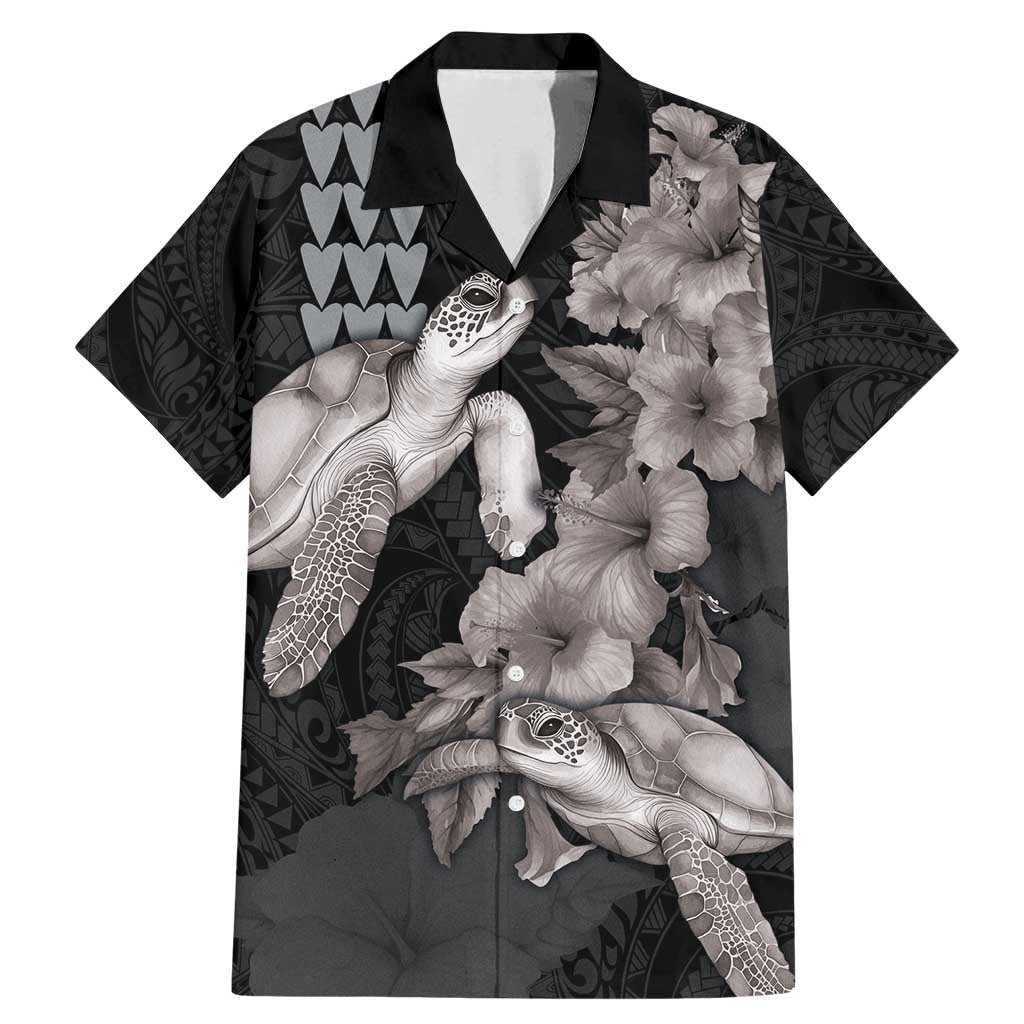 Hawaiian Turtle Love Couple Family Matching Mermaid Dress and Hawaiian Shirt - Sweet Hibiscus and Kakau Pattern Grayscale Color LT03 Dad's Shirt - Short Sleeve Black - Polynesian Pride