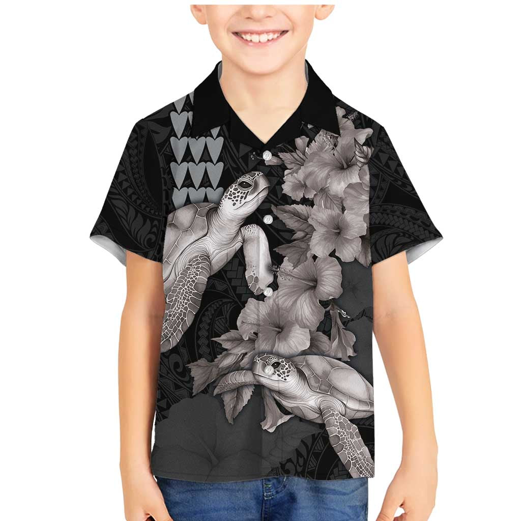 Hawaiian Turtle Love Couple Family Matching Mermaid Dress and Hawaiian Shirt - Sweet Hibiscus and Kakau Pattern Grayscale Color LT03 Son's Shirt Black - Polynesian Pride