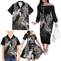 Hawaiian Turtle Love Couple Family Matching Off The Shoulder Long Sleeve Dress and Hawaiian Shirt - Sweet Hibiscus and Kakau Pattern Grayscale Color LT03 - Polynesian Pride