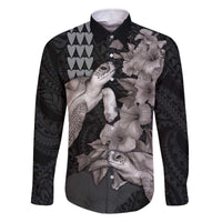 Hawaiian Turtle Love Couple Family Matching Off The Shoulder Long Sleeve Dress and Hawaiian Shirt - Sweet Hibiscus and Kakau Pattern Grayscale Color LT03 Dad's Shirt - Long Sleeve Black - Polynesian Pride