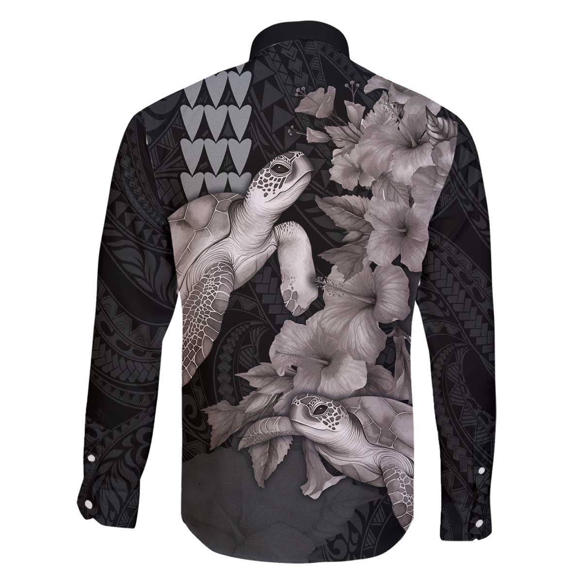 Hawaiian Turtle Love Couple Family Matching Off The Shoulder Long Sleeve Dress and Hawaiian Shirt - Sweet Hibiscus and Kakau Pattern Grayscale Color LT03 - Polynesian Pride