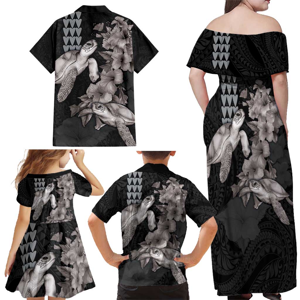 Hawaiian Turtle Love Couple Family Matching Off Shoulder Maxi Dress and Hawaiian Shirt - Sweet Hibiscus and Kakau Pattern Grayscale Color LT03 - Polynesian Pride