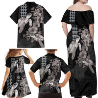 Hawaiian Turtle Love Couple Family Matching Off Shoulder Maxi Dress and Hawaiian Shirt - Sweet Hibiscus and Kakau Pattern Grayscale Color LT03 - Polynesian Pride
