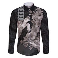Hawaiian Turtle Love Couple Family Matching Off Shoulder Maxi Dress and Hawaiian Shirt - Sweet Hibiscus and Kakau Pattern Grayscale Color LT03 Dad's Shirt - Long Sleeve Black - Polynesian Pride