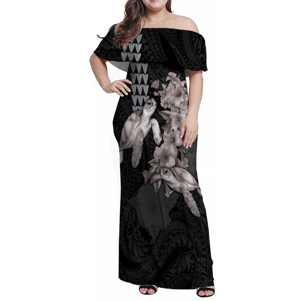Hawaiian Turtle Love Couple Family Matching Off Shoulder Maxi Dress and Hawaiian Shirt - Sweet Hibiscus and Kakau Pattern Grayscale Color LT03 Mom's Dress Black - Polynesian Pride