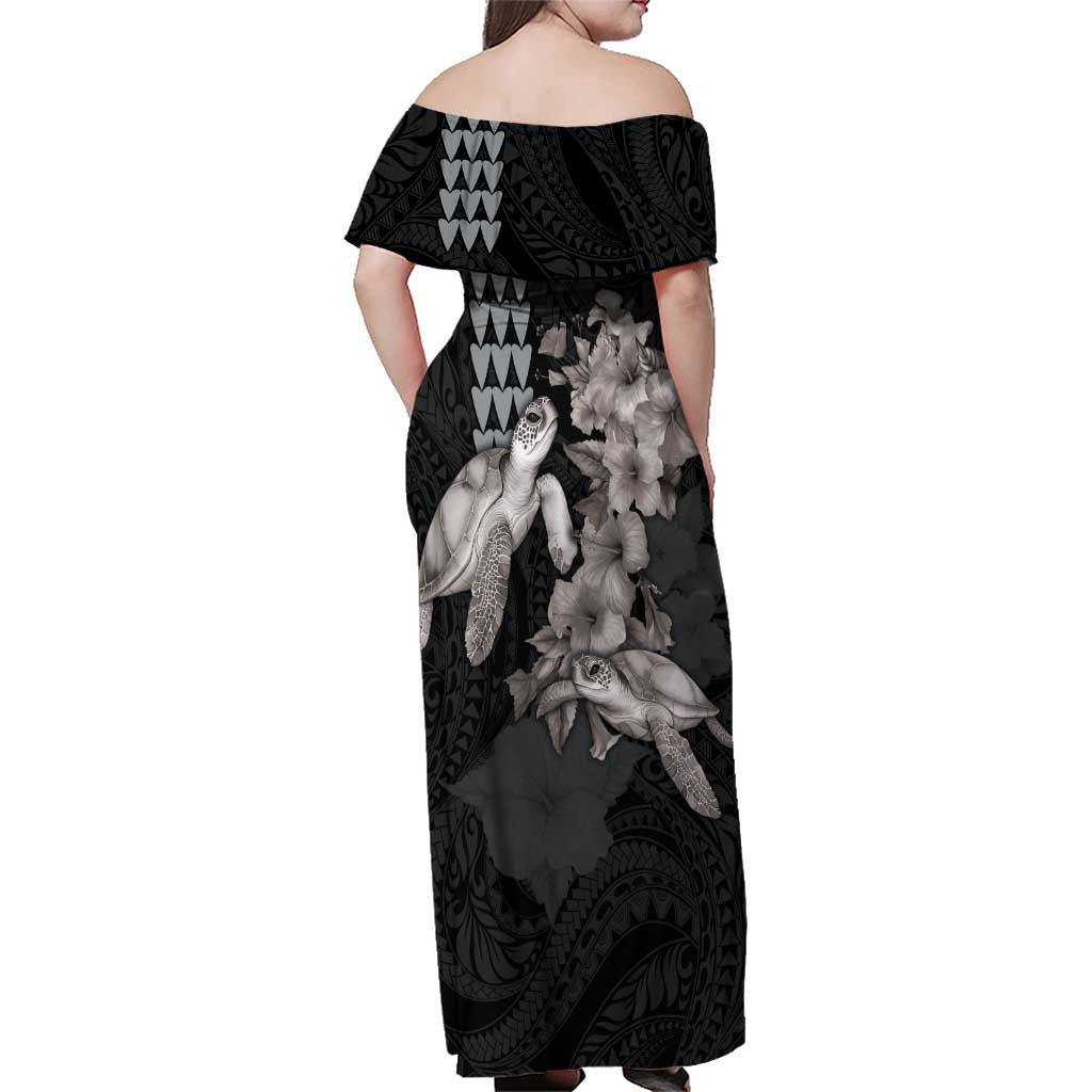 Hawaiian Turtle Love Couple Family Matching Off Shoulder Maxi Dress and Hawaiian Shirt - Sweet Hibiscus and Kakau Pattern Grayscale Color LT03 - Polynesian Pride
