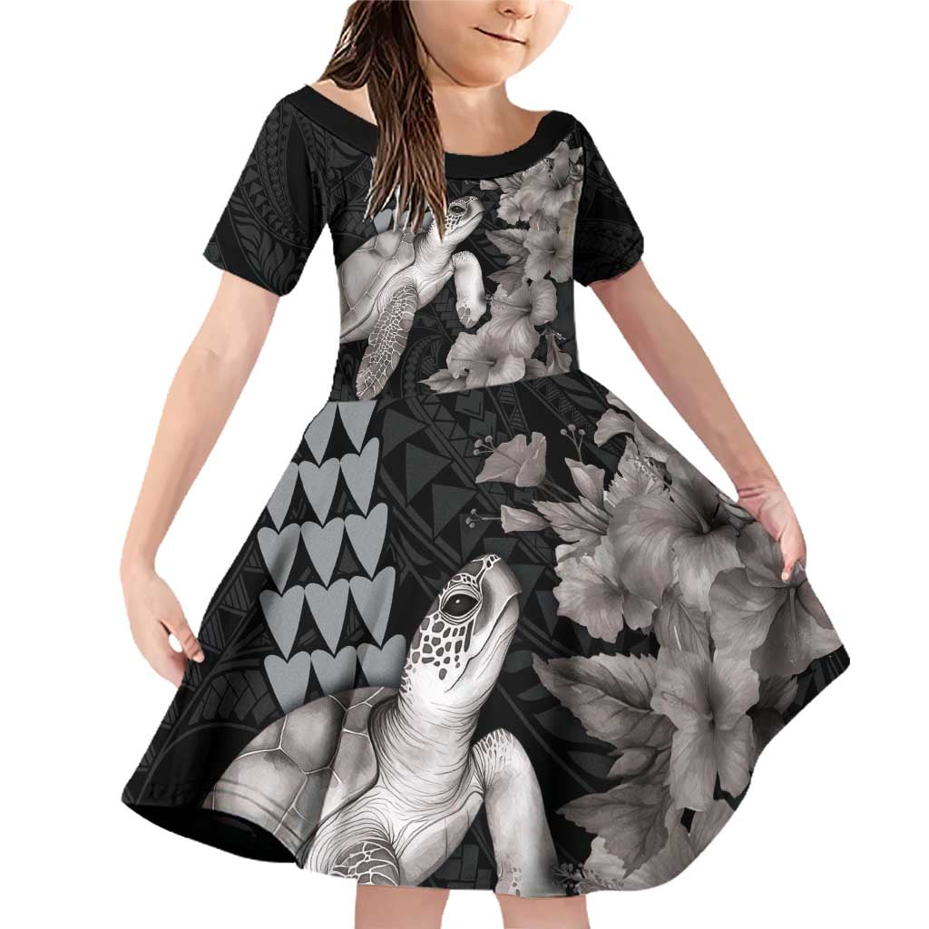 Hawaiian Turtle Love Couple Family Matching Off Shoulder Short Dress and Hawaiian Shirt - Sweet Hibiscus and Kakau Pattern Grayscale Color LT03 Daughter's Dress Black - Polynesian Pride
