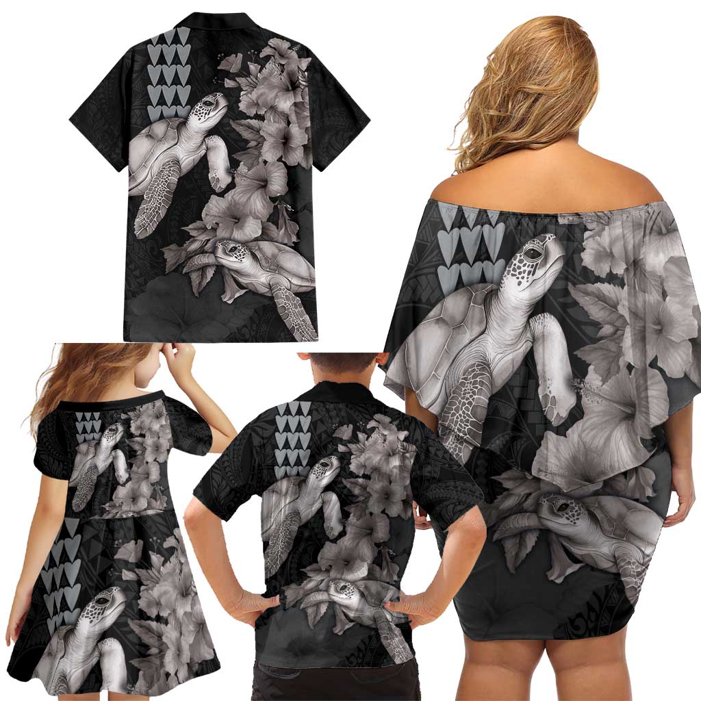 Hawaiian Turtle Love Couple Family Matching Off Shoulder Short Dress and Hawaiian Shirt - Sweet Hibiscus and Kakau Pattern Grayscale Color LT03 - Polynesian Pride