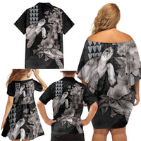 Hawaiian Turtle Love Couple Family Matching Off Shoulder Short Dress and Hawaiian Shirt - Sweet Hibiscus and Kakau Pattern Grayscale Color LT03 - Polynesian Pride