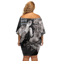 Hawaiian Turtle Love Couple Family Matching Off Shoulder Short Dress and Hawaiian Shirt - Sweet Hibiscus and Kakau Pattern Grayscale Color LT03 - Polynesian Pride