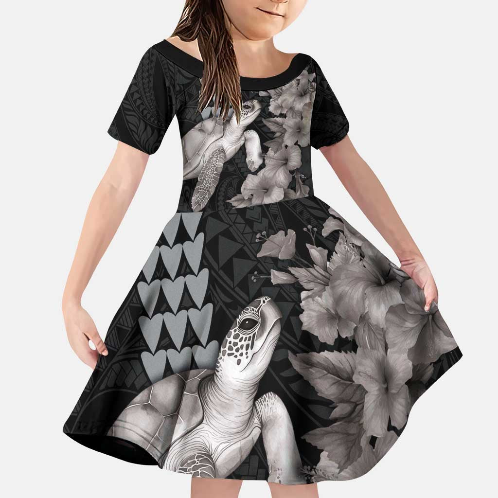 Hawaiian Turtle Love Couple Family Matching Puletasi and Hawaiian Shirt - Sweet Hibiscus and Kakau Pattern Grayscale Color LT03 Daughter's Dress Black - Polynesian Pride