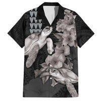 Hawaiian Turtle Love Couple Family Matching Puletasi and Hawaiian Shirt - Sweet Hibiscus and Kakau Pattern Grayscale Color LT03 Dad's Shirt - Short Sleeve Black - Polynesian Pride