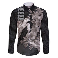 Hawaiian Turtle Love Couple Family Matching Puletasi and Hawaiian Shirt - Sweet Hibiscus and Kakau Pattern Grayscale Color LT03 Dad's Shirt - Long Sleeve Black - Polynesian Pride