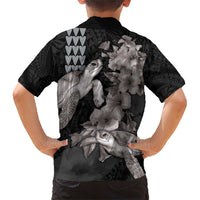 Hawaiian Turtle Love Couple Family Matching Short Sleeve Bodycon Dress and Hawaiian Shirt - Sweet Hibiscus and Kakau Pattern Grayscale Color LT03 - Polynesian Pride