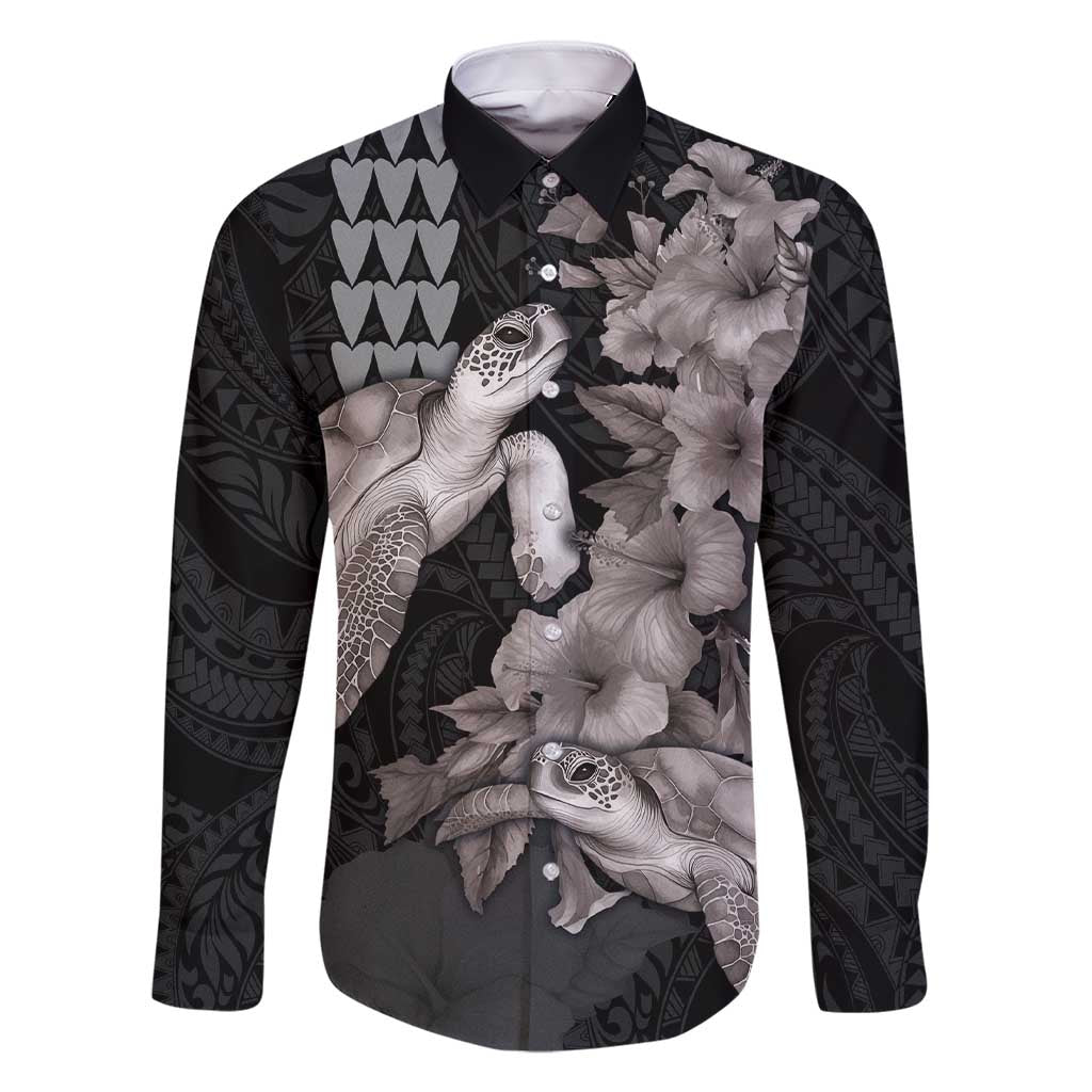 Hawaiian Turtle Love Couple Family Matching Short Sleeve Bodycon Dress and Hawaiian Shirt - Sweet Hibiscus and Kakau Pattern Grayscale Color LT03 Dad's Shirt - Long Sleeve Black - Polynesian Pride