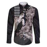 Hawaiian Turtle Love Couple Family Matching Short Sleeve Bodycon Dress and Hawaiian Shirt - Sweet Hibiscus and Kakau Pattern Grayscale Color LT03 Dad's Shirt - Long Sleeve Black - Polynesian Pride