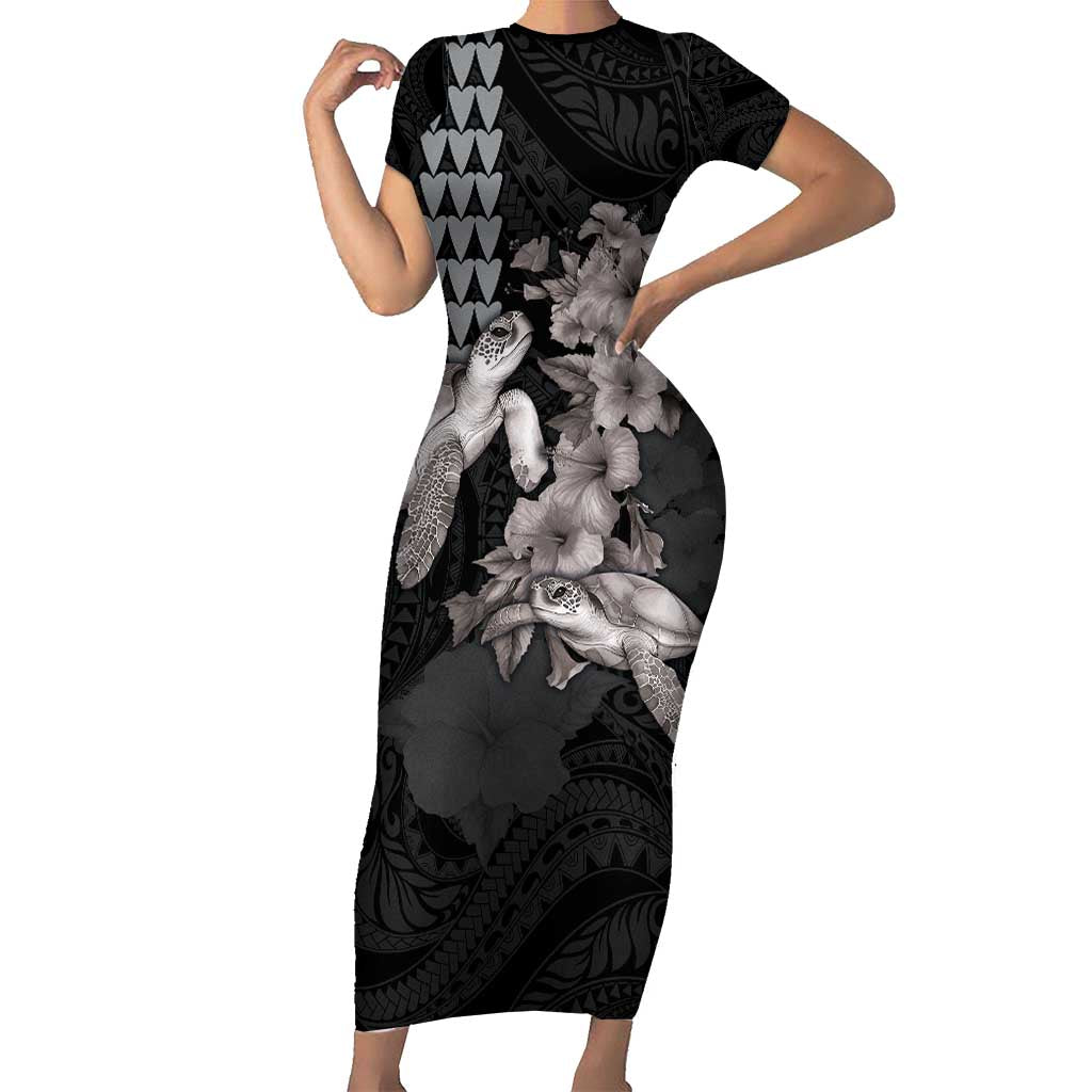 Hawaiian Turtle Love Couple Family Matching Short Sleeve Bodycon Dress and Hawaiian Shirt - Sweet Hibiscus and Kakau Pattern Grayscale Color LT03 Mom's Dress Black - Polynesian Pride