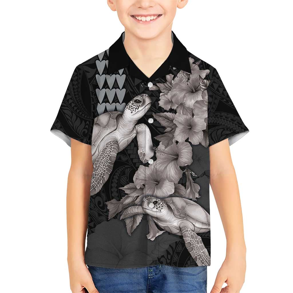 Hawaiian Turtle Love Couple Family Matching Short Sleeve Bodycon Dress and Hawaiian Shirt - Sweet Hibiscus and Kakau Pattern Grayscale Color LT03 Son's Shirt Black - Polynesian Pride