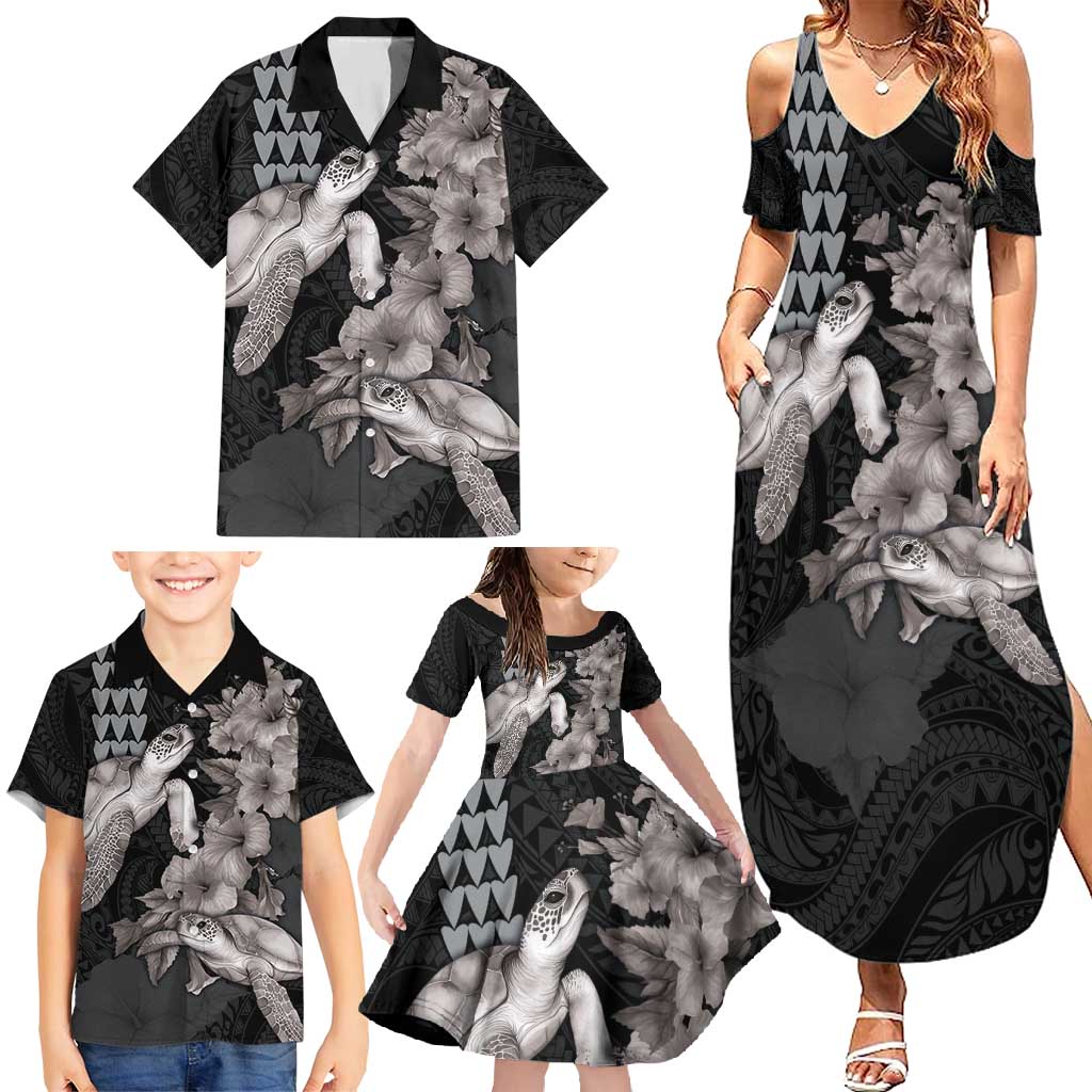 Hawaiian Turtle Love Couple Family Matching Summer Maxi Dress and Hawaiian Shirt - Sweet Hibiscus and Kakau Pattern Grayscale Color LT03 - Polynesian Pride