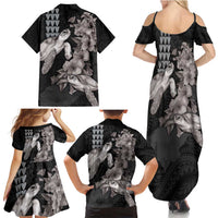 Hawaiian Turtle Love Couple Family Matching Summer Maxi Dress and Hawaiian Shirt - Sweet Hibiscus and Kakau Pattern Grayscale Color LT03 - Polynesian Pride