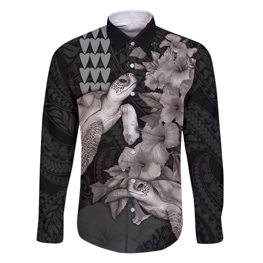 Hawaiian Turtle Love Couple Family Matching Summer Maxi Dress and Hawaiian Shirt - Sweet Hibiscus and Kakau Pattern Grayscale Color LT03 Dad's Shirt - Long Sleeve Black - Polynesian Pride