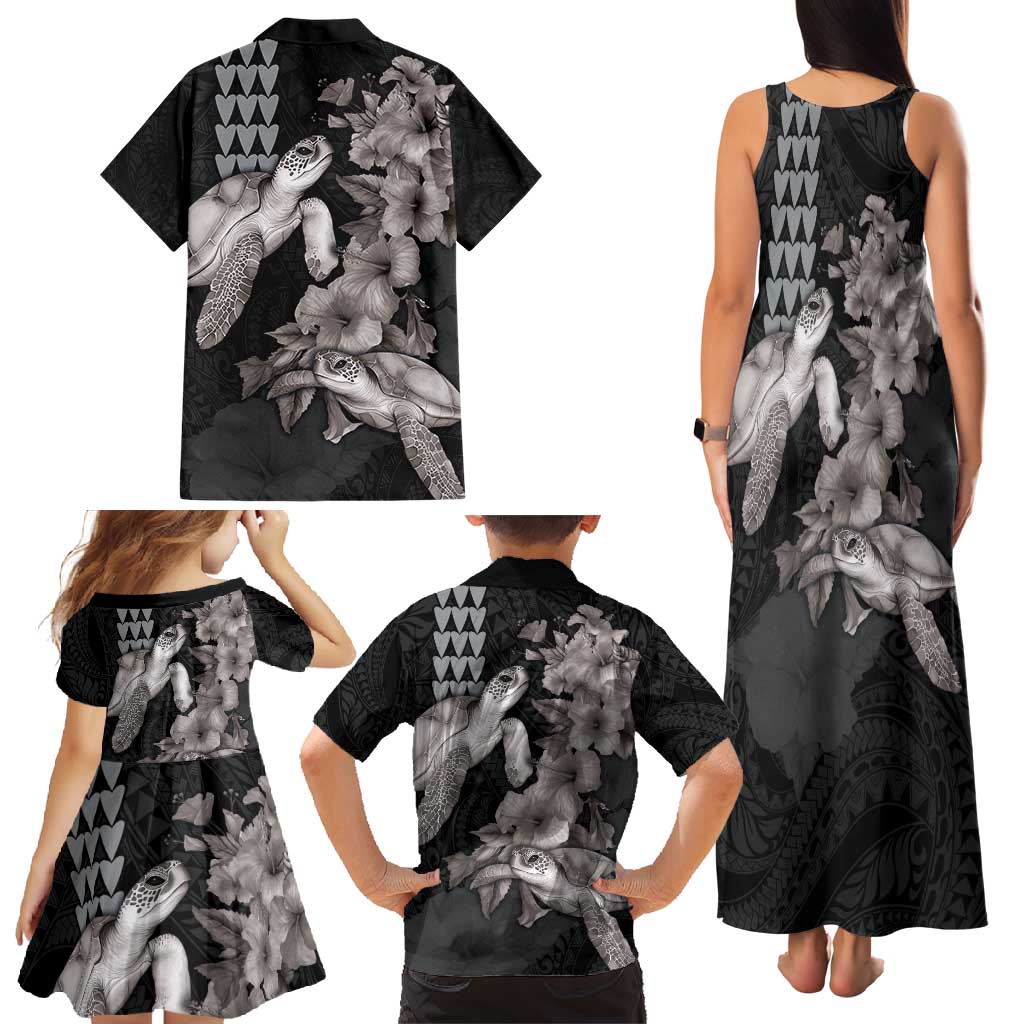 Hawaiian Turtle Love Couple Family Matching Tank Maxi Dress and Hawaiian Shirt - Sweet Hibiscus and Kakau Pattern Grayscale Color LT03 - Polynesian Pride