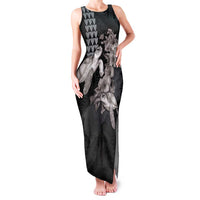 Hawaiian Turtle Love Couple Family Matching Tank Maxi Dress and Hawaiian Shirt - Sweet Hibiscus and Kakau Pattern Grayscale Color LT03 Mom's Dress Black - Polynesian Pride