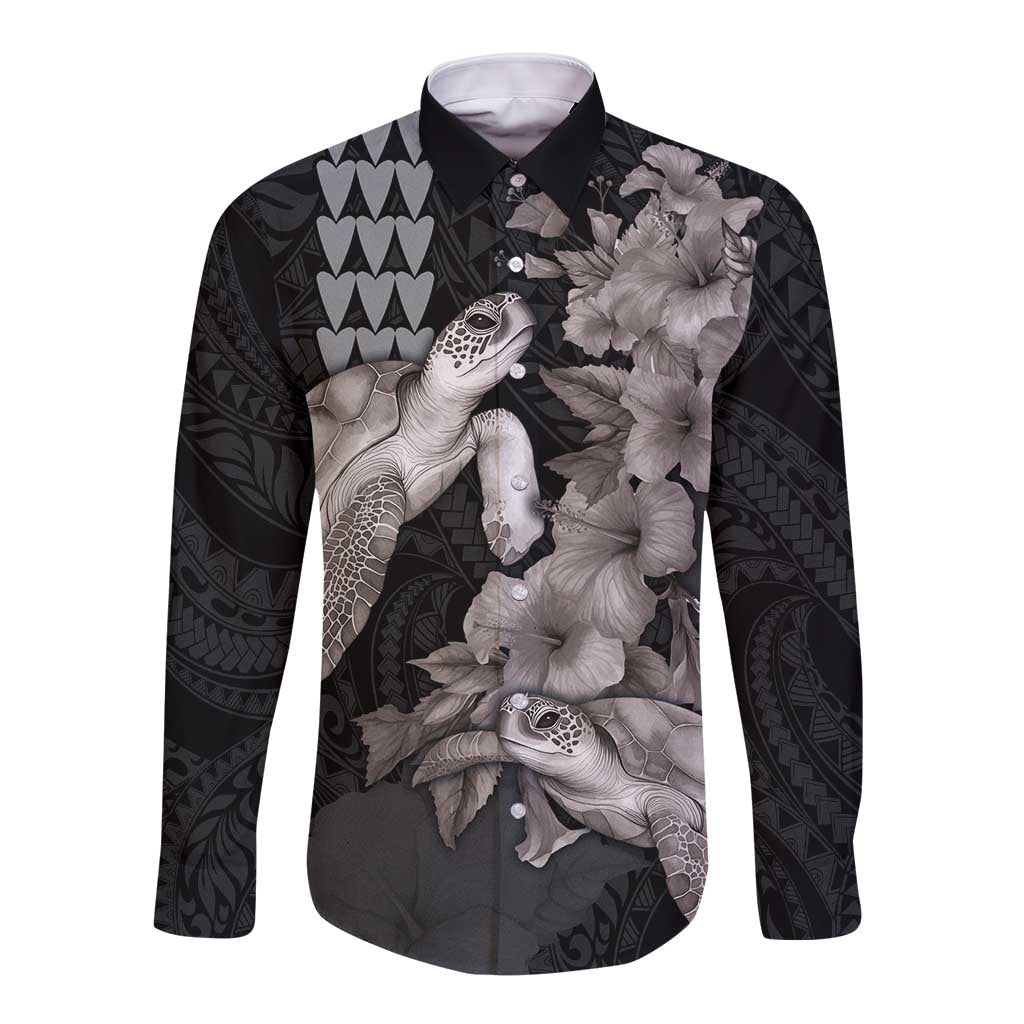 Hawaiian Turtle Love Couple Long Sleeve Button Shirt - Sweet Hibiscus and Kakau Pattern Grayscale Color LT03 Unisex Black - Polynesian Pride