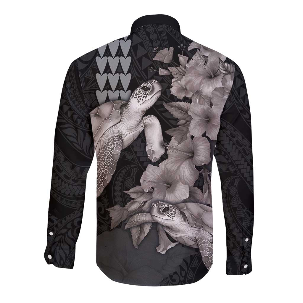Hawaiian Turtle Love Couple Long Sleeve Button Shirt - Sweet Hibiscus and Kakau Pattern Grayscale Color LT03 - Polynesian Pride