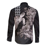 Hawaiian Turtle Love Couple Long Sleeve Button Shirt - Sweet Hibiscus and Kakau Pattern Grayscale Color LT03 - Polynesian Pride