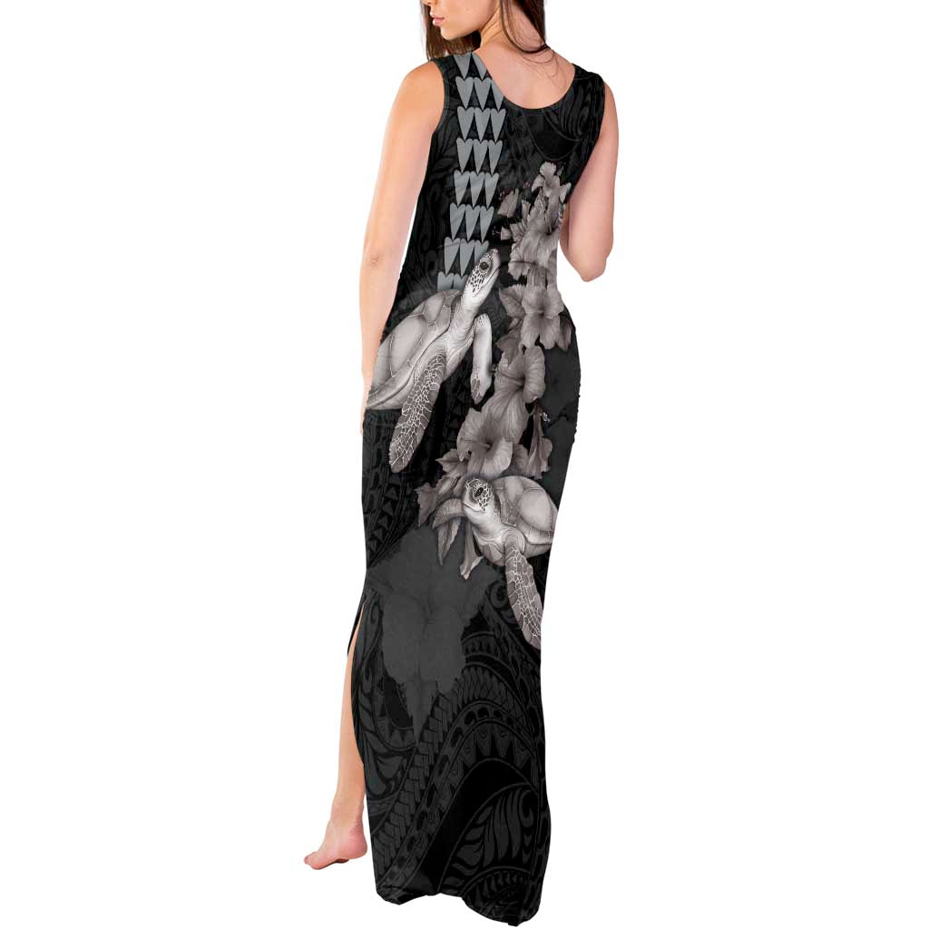 Hawaiian Turtle Love Couple Tank Maxi Dress - Sweet Hibiscus and Kakau Pattern Grayscale Color