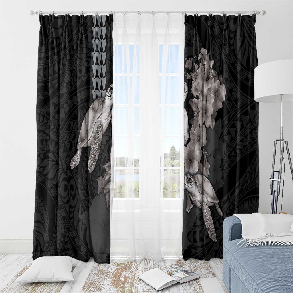 Hawaiian Turtle Love Couple Window Curtain - Sweet Hibiscus and Kakau Pattern Grayscale Color