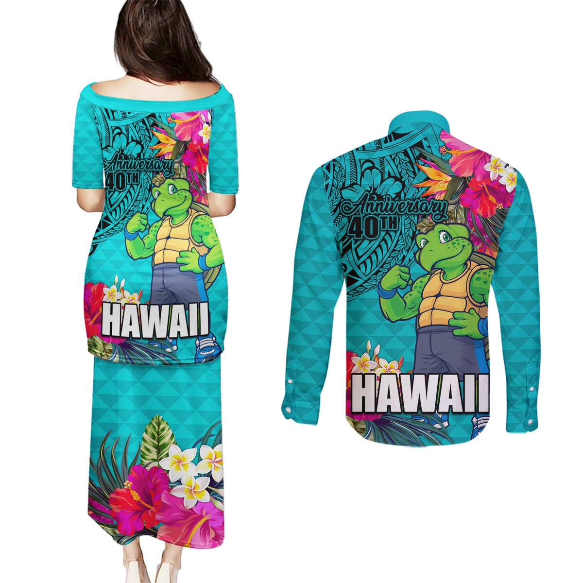 Hawaii Great Aloha Run 40th Anniversary Couples Matching Puletasi and Long Sleeve Button Shirt With Turtle Mascot Marathon Hibiscus and Kakau LT03 - Polynesian Pride