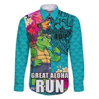 Hawaii Great Aloha Run 40th Anniversary Family Matching Off Shoulder Long Sleeve Dress and Hawaiian Shirt With Turtle Mascot Marathon Hibiscus and Kakau LT03 Dad's Shirt - Long Sleeve Turquoise - Polynesian Pride