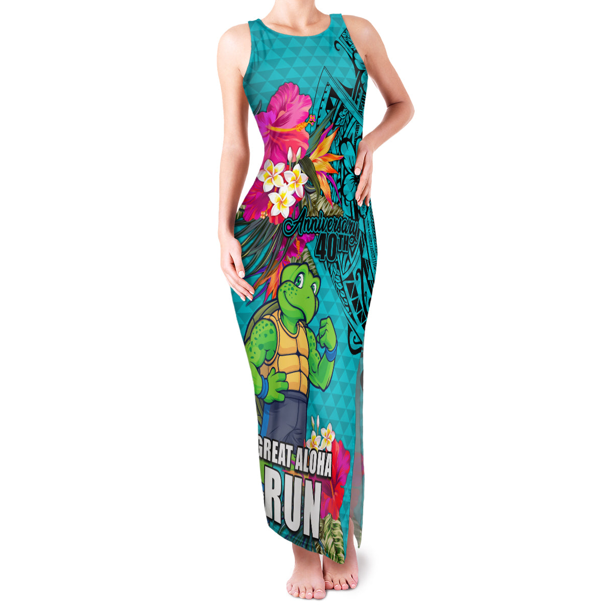 Hawaii Great Aloha Run 40th Anniversary Family Matching Tank Maxi Dress and Hawaiian Shirt With Turtle Mascot Marathon Hibiscus and Kakau LT03 Mom's Dress Turquoise - Polynesian Pride
