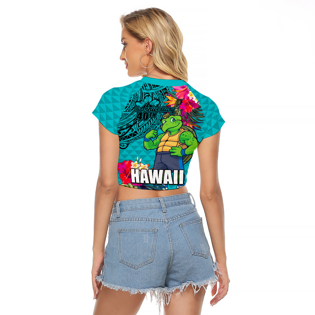 Hawaii Great Aloha Run 40th Anniversary Raglan Cropped T Shirt With Turtle Mascot Marathon Hibiscus and Kakau LT03 - Polynesian Pride