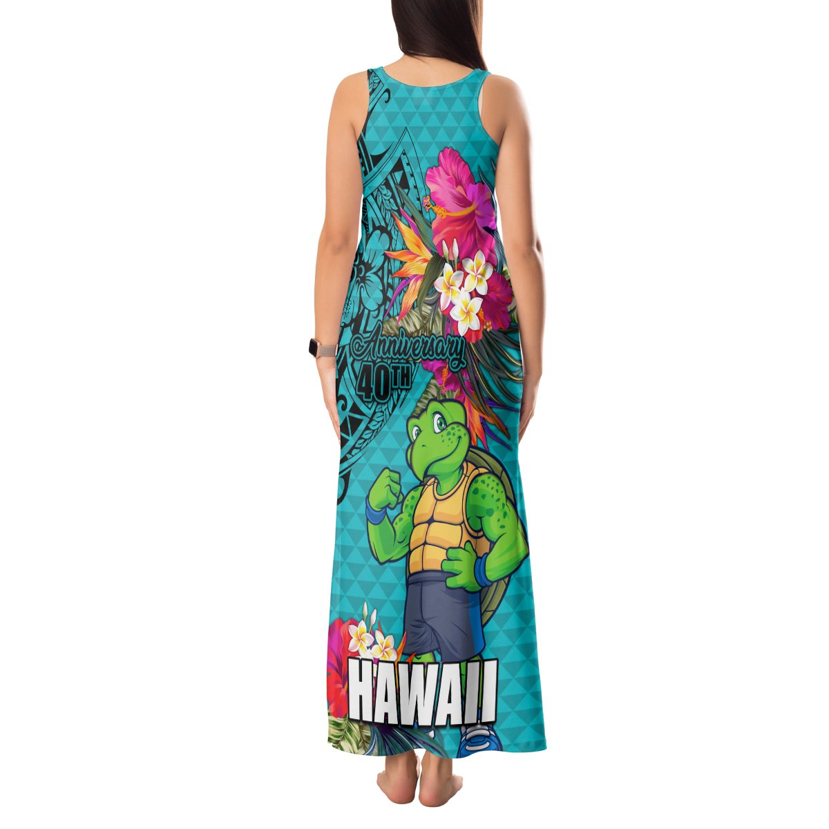 Hawaii Great Aloha Run 40th Anniversary Tank Maxi Dress With Turtle Mascot Marathon Hibiscus and Kakau LT03 - Polynesian Pride