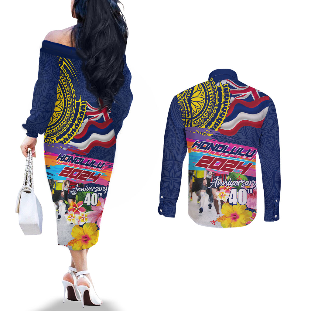 Hawaii Great Aloha Run 40th Anniversary Couples Matching Off The Shoulder Long Sleeve Dress and Long Sleeve Button Shirt Hibiscus and Kakau Pattern LT03 - Polynesian Pride