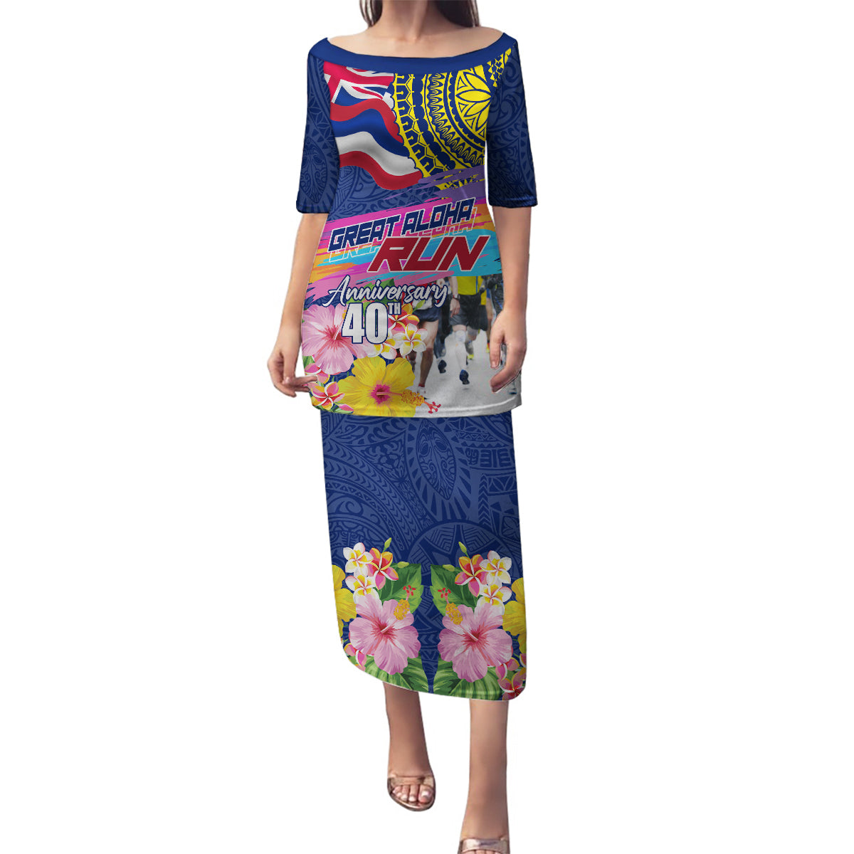 Hawaii Great Aloha Run 40th Anniversary Family Matching Puletasi and Hawaiian Shirt Hibiscus and Kakau Pattern LT03 Mom's Dress Blue - Polynesian Pride