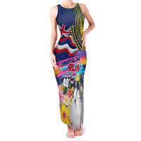 Hawaii Great Aloha Run 40th Anniversary Family Matching Tank Maxi Dress and Hawaiian Shirt Hibiscus and Kakau Pattern LT03 Mom's Dress Blue - Polynesian Pride
