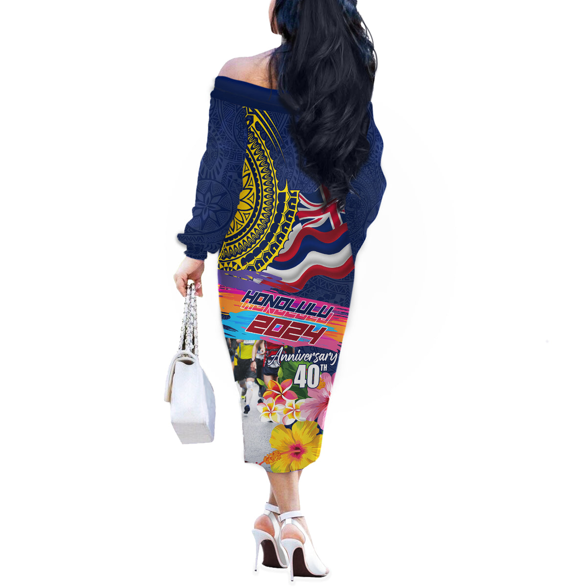 Hawaii Great Aloha Run 40th Anniversary Off The Shoulder Long Sleeve Dress Hibiscus and Kakau Pattern LT03 - Polynesian Pride