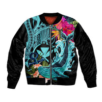 Hawaii Bomber Jacket Whale Mix Hibiscus and Kanaka Maoli LT03 Unisex Black - Polynesian Pride
