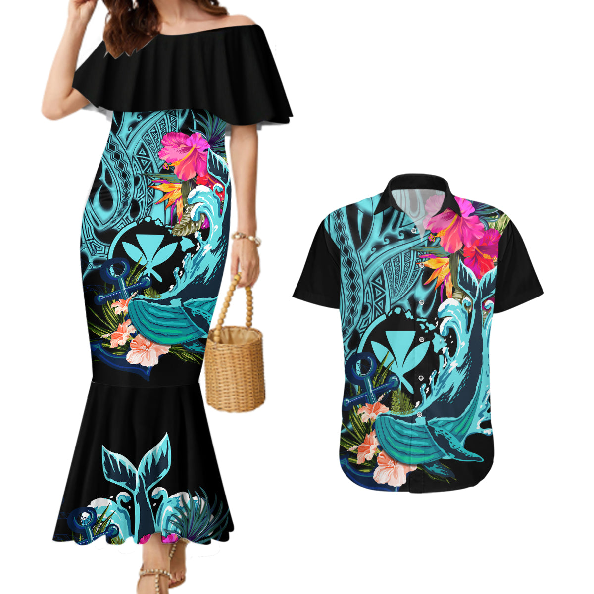 Hawaii Couples Matching Mermaid Dress and Hawaiian Shirt Whale Mix Hibiscus and Kanaka Maoli LT03 Black - Polynesian Pride